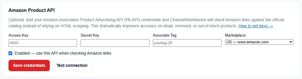 Amazon API credential settings for credential ID, secret, associate tag, marketplace, and connection test