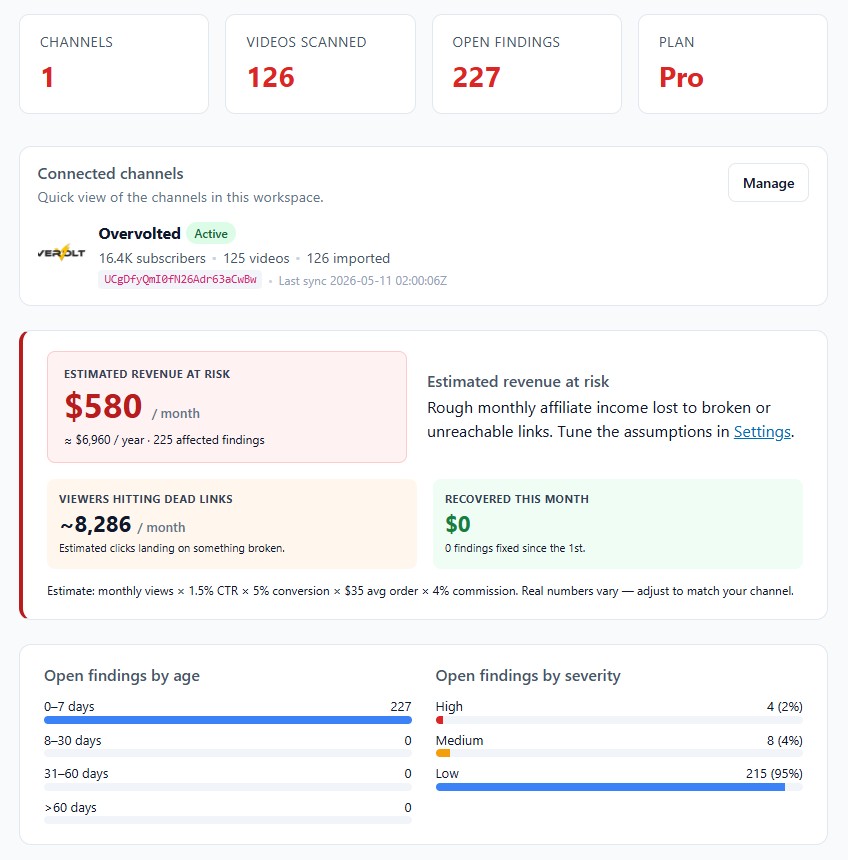 Channel Workbench dashboard showing connected channel, revenue at risk, and open finding breakdowns