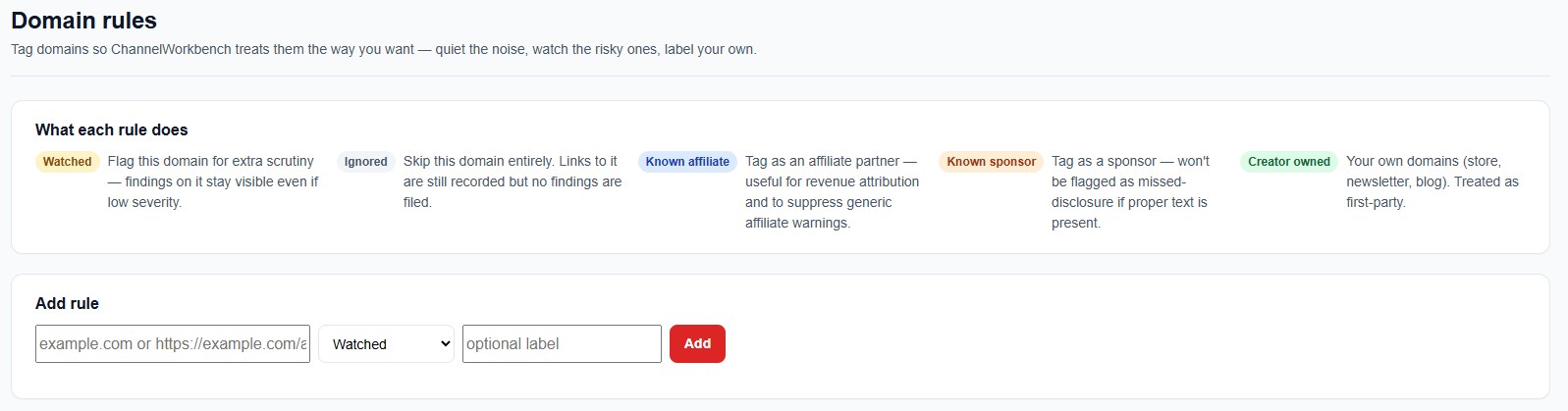 Domain rules page with watched, ignored, known affiliate, known sponsor, and creator-owned rules