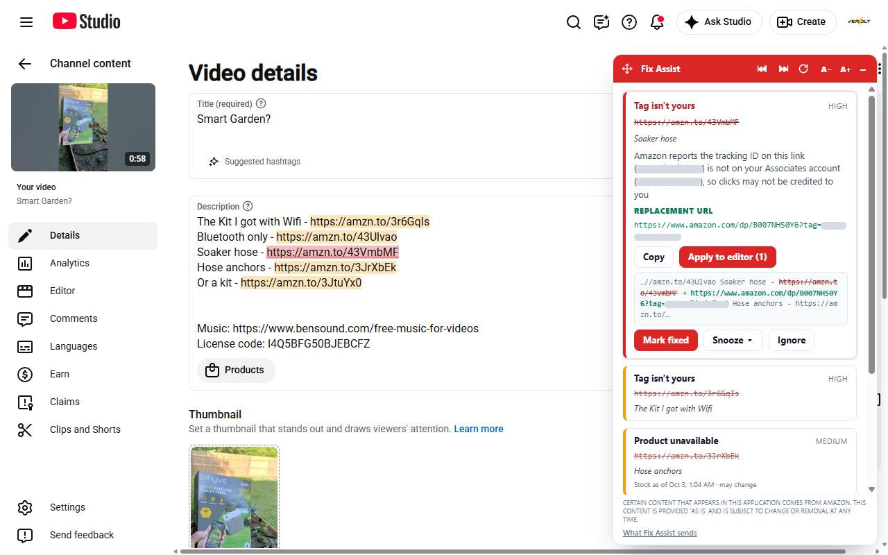 Fix Assist panel beside a video description in YouTube Studio, with flagged links highlighted