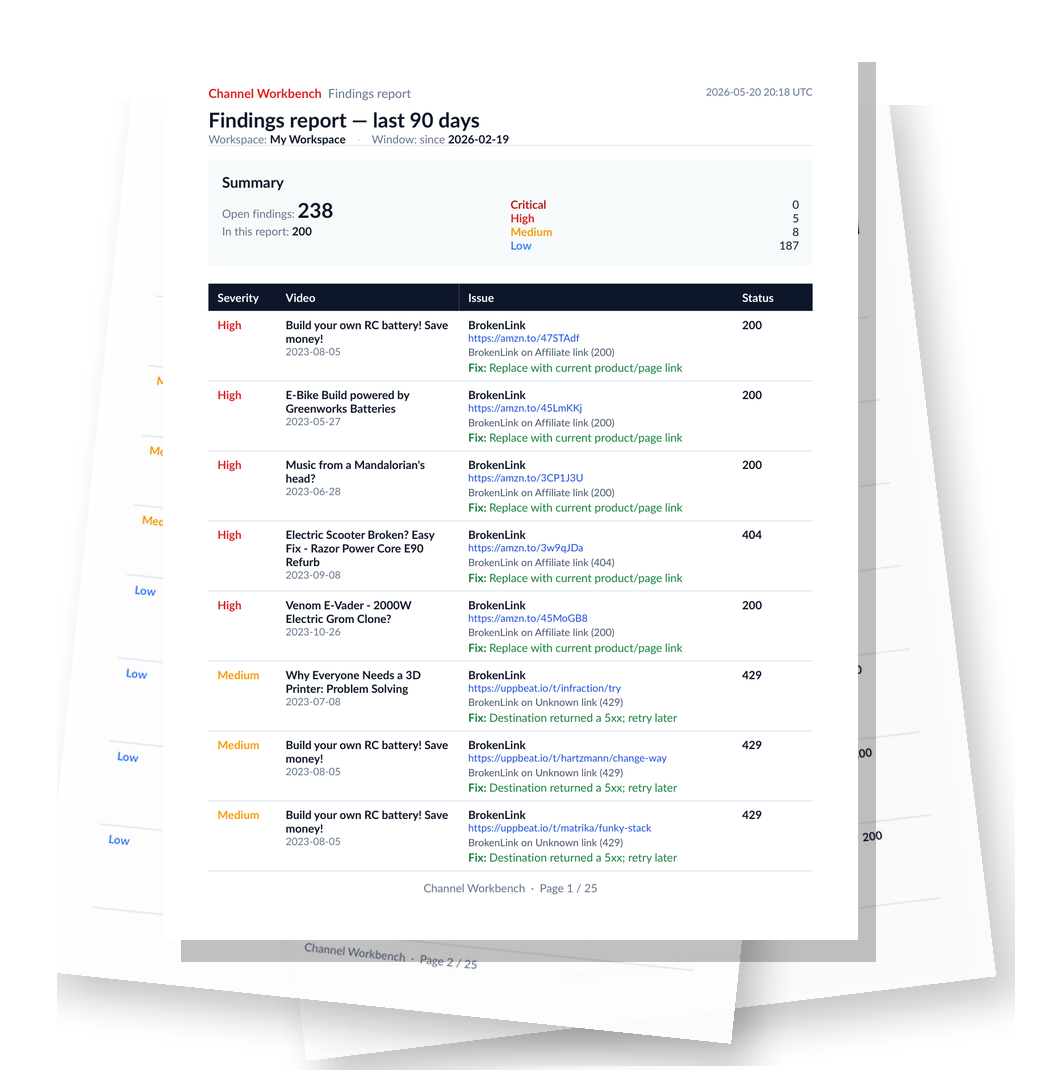 Stack of Channel Workbench findings report pages with a summary and prioritized link issues